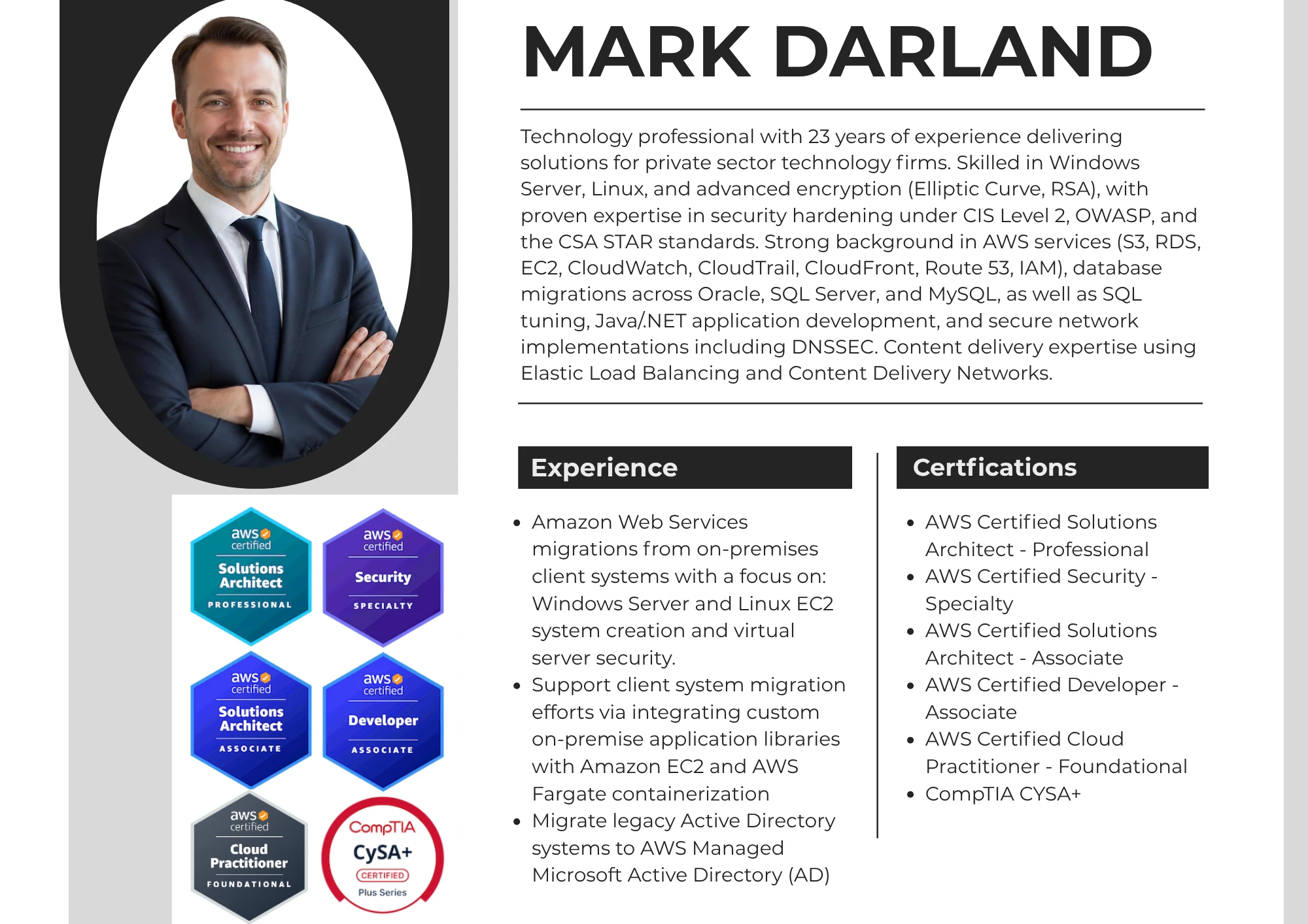 Mark Darland software algorithms expert resume detailing professional summary, AWS certifications, and experience